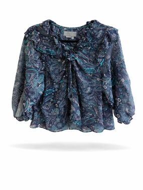 Anthropologie Haida Floral Peasant Blouse – Blue & Green Sheer Ruffle Top - MP